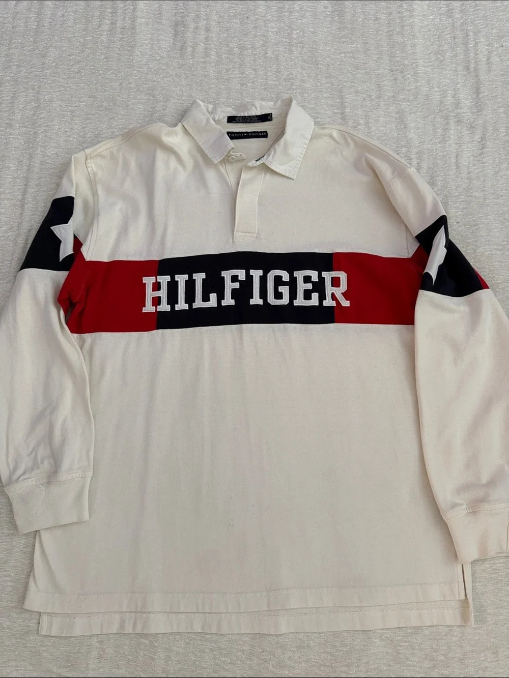 Tommy Hilfiger Cream Rugby Shirt with Red & Navy Hilfiger Stripe